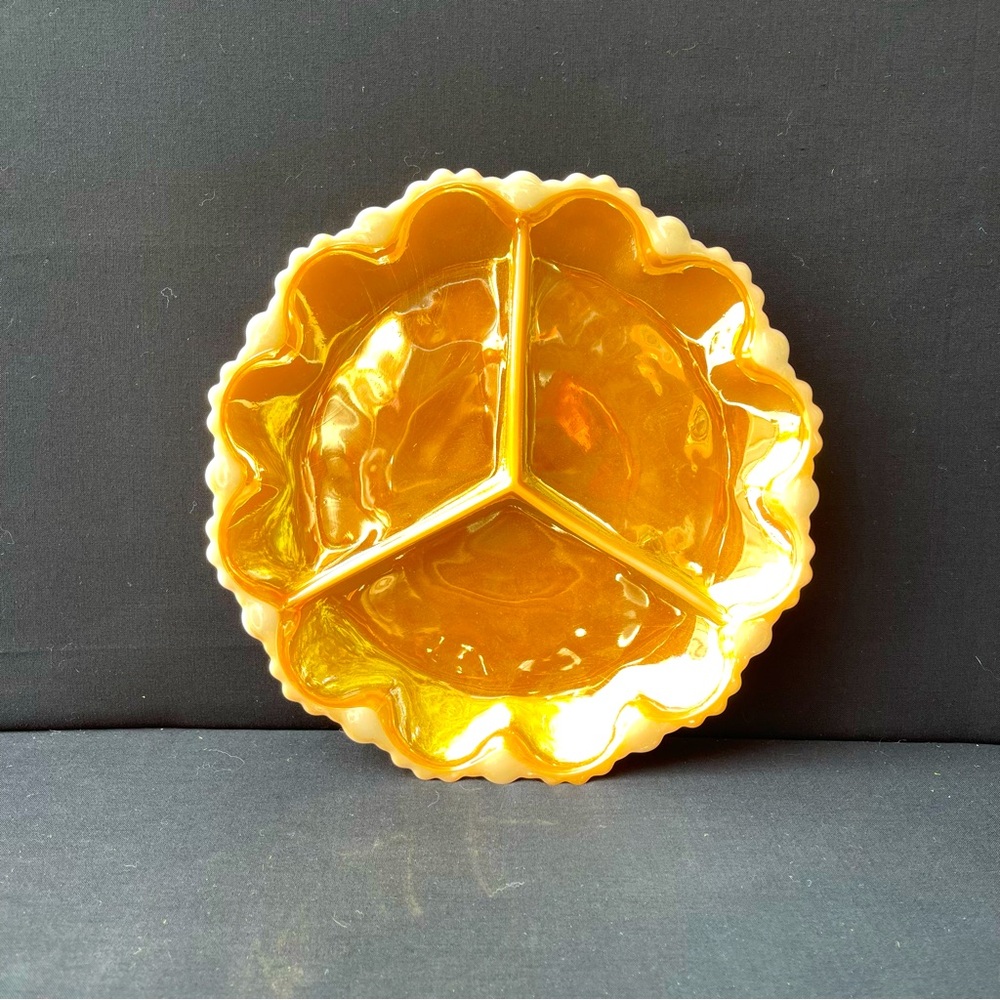 Vintage Anchor Hocking Peach Lustre FireKing divided relish dish